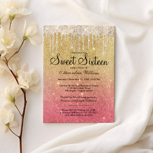 Invitation Glam girly rose or ombre gouttes de parties scinti