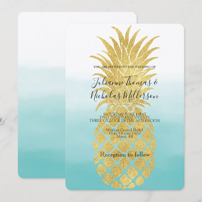 Invitation Glam Gold Ananas Aqua Aquarelle Ombre Mariage (Devant / Derrière)