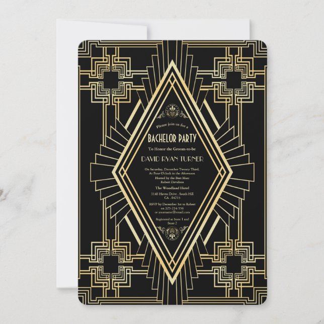 Invitation Glam Gold Black Gatsby Enterrement de Vie de Garço (Devant)