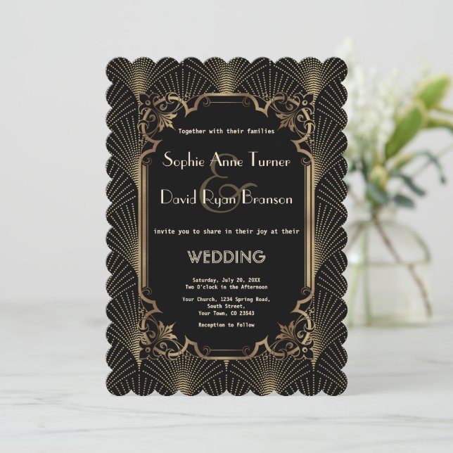 Invitation Glam Gold Black Great Gatsby Art Déco Mariage (Debout devant)