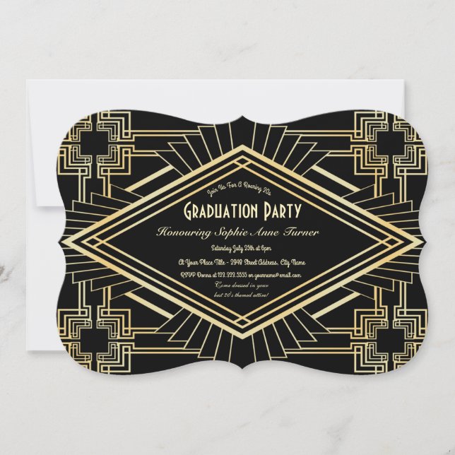 Invitation Glam Gold Black Great Gatsby Graduation Party (Devant)