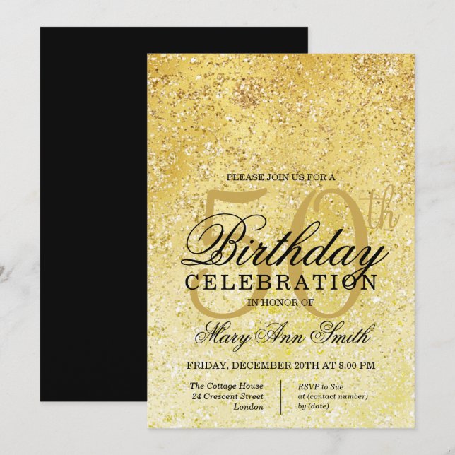 Invitation Glam Gold & Black Parties scintillant 50e annivers (Devant / Derrière)