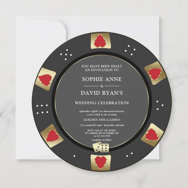 Invitation Glam Gold Black Poker Chip Casino QR Code Mariage (Devant)