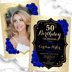 Invitation Glam Gold Black Royal Blue Photo 50e anniversaire