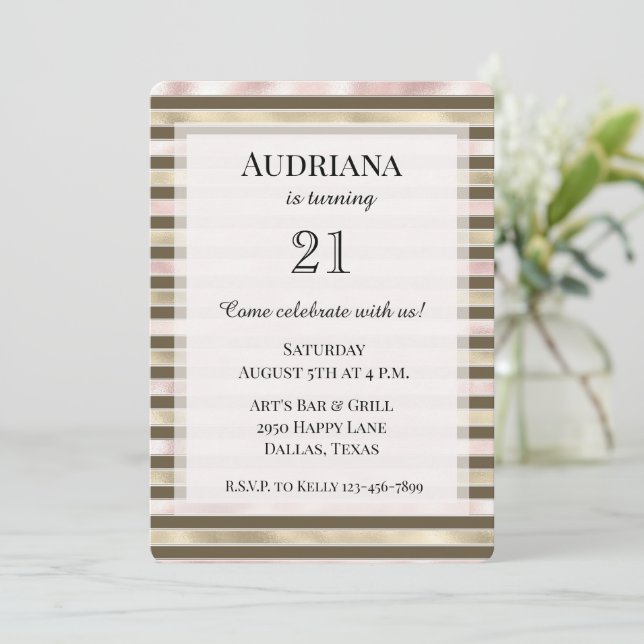 Invitation Glam Gold Blush rose Brown rayures Anniversaire (Debout devant)