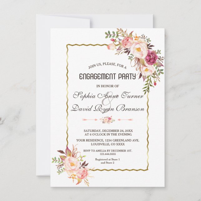 Invitation Glam Gold Blush rose Floral Parti d'engagement (Devant)