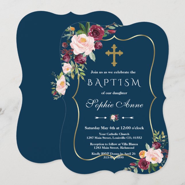 Invitation Glam Gold Burgundy Blush Floral Navy Baptême bleu (Devant / Derrière)