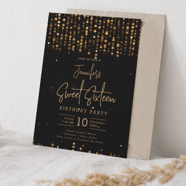 Invitation Glam Gold Falling Stars Sweet 16 Party (Créateur téléchargé)
