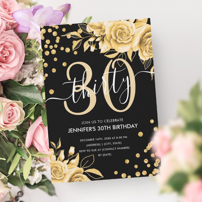 Invitation Glam Gold Floral Parties scintillant 30e anniversa (Glam Gold Floral Glitter 30th Birthday Black Invitation)
