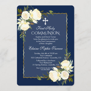 Invitation Glam Gold Marine Bleu Blanc Floral Première commun