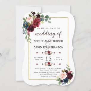 Invitation Glam Gold Merlot Marine Blue Floral Mariage