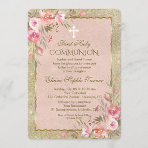 Invitation Glam Gold Parties scintillant Blush Floral First C