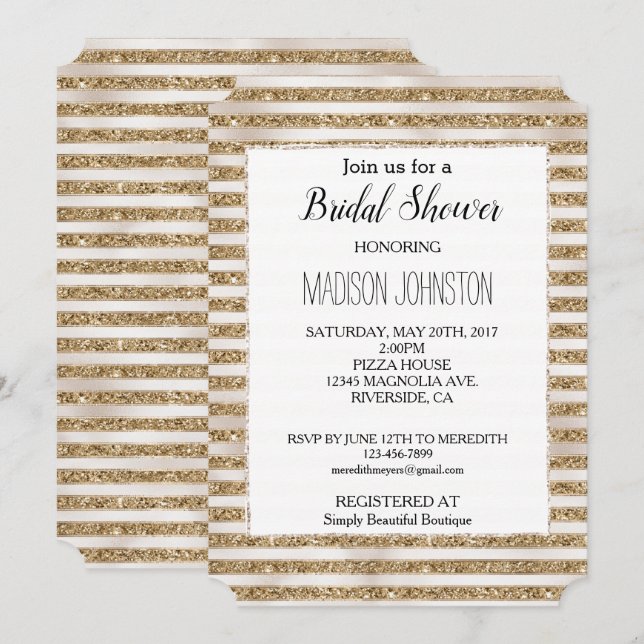 Invitation Glam Gold Parties scintillant perles rayures (Devant / Derrière)