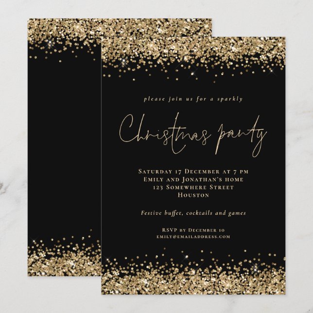 Invitation Glam Gold Parties scintillant Script Christmas Par (Devant / Derrière)