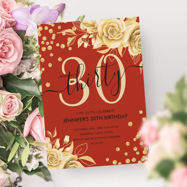 Invitation Glam Gold Red Floral Parties scintillant 30e anniv (Glam Gold Red Floral Glitter 30th Birthday Script Invitation)