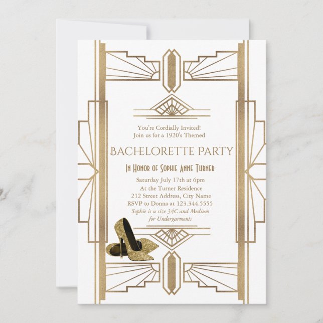 Invitation Glam Gold White Great Gatsby Bachelorette Party (Devant)