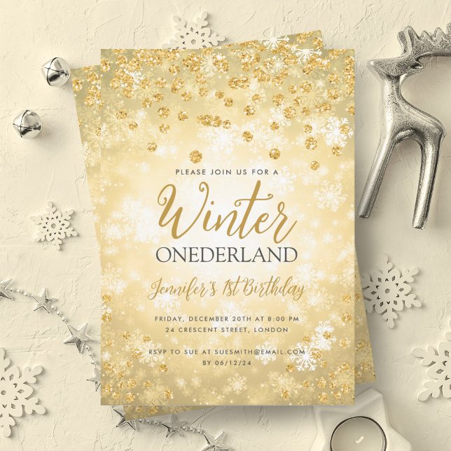 Invitation Glam Gold Winter ONEDERLAND 1er anniversaire (Glam Gold Winter ONEDERLAND 1st Birthday Invitation)