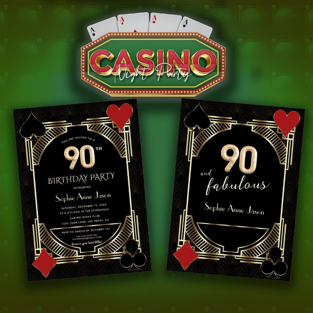 Invitation Glam Golden Art Deco Casino Poker 90e anniversaire (Créateur téléchargé)