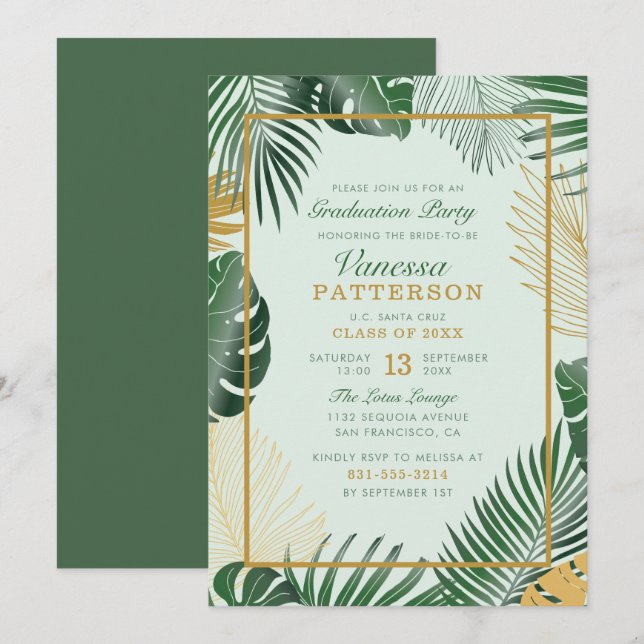 Invitation Glam Green Tropical Feuilles tendance Graduation (Devant / Derrière)