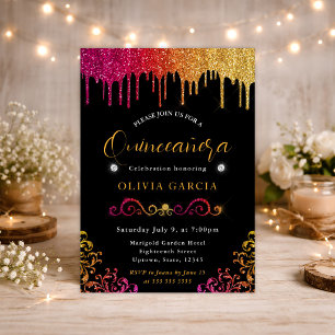 Invitation Glam Jaune et Rose Dégradé Paillettes Quinceanera
