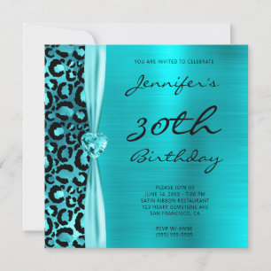 Invitation Glam Léopard Turquoise bleu 30e anniversaire