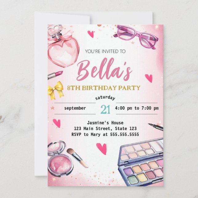 Invitation Glam Makeup Anniversaire fête Blush rose Spa (Devant)