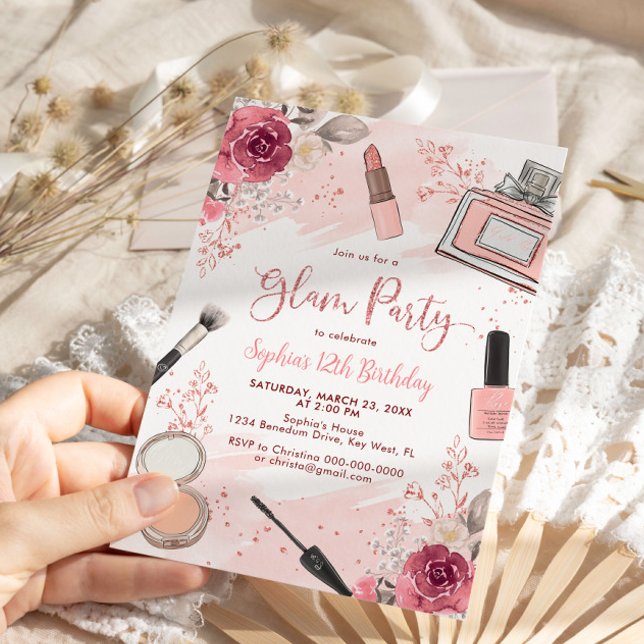 Invitation Glam Makeup Anniversaire fête Blush rose Spa (Créateur téléchargé)