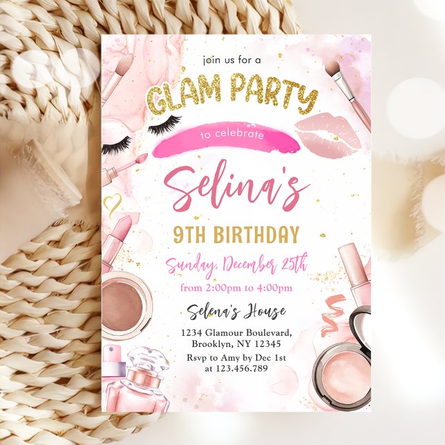 Invitation Glam Makeup Girl Anniversaire fête Spa rose (Créateur téléchargé)