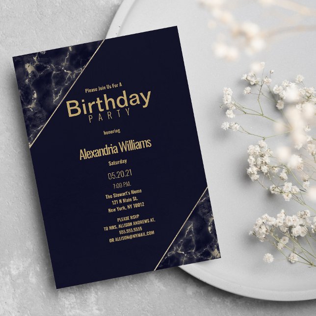 Invitation Glam marine bleu or élégant marbre Anniversaire fê (Glam navy blue gold elegant marble Birthday Party)