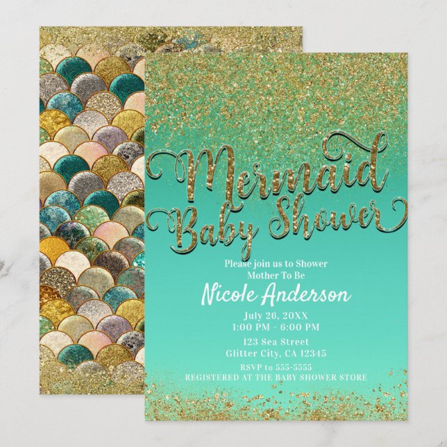 Invitation Glam Mermaid Baby shower or Parties scintillant et (Devant / Derrière)