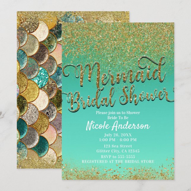 Invitation Glam Mermaid Fête des mariées Gold Parties scintil (Devant / Derrière)