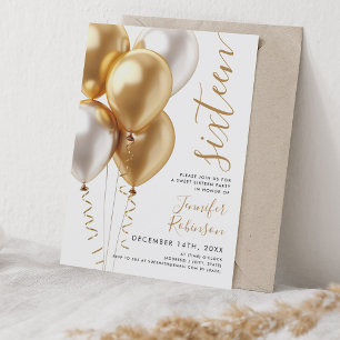 Invitation Glam Minimal Gold Balloons Sweet 16 Anniversaire