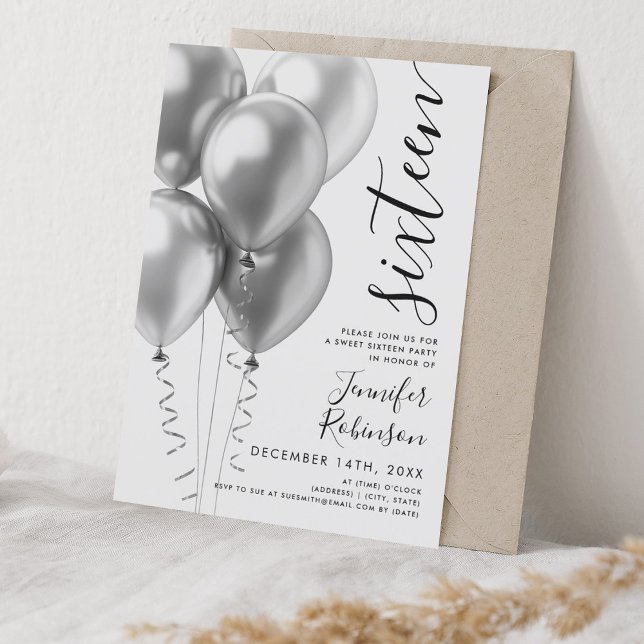 Invitation Glam Minimal Silver Balloons Sweet 16 Anniversaire (Glam Minimal Silver Balloons Sweet 16 Birthday Invitation)