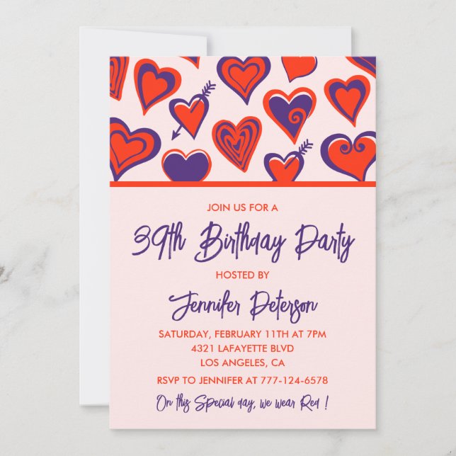 Invitation Glam moderne Coeur rose rouge 39e anniversaire (Devant)