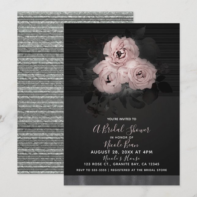 Invitation Glam moderne rose et noir Fête des mariées florale (Devant / Derrière)