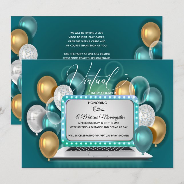 Invitation Glam moderne Virtual Baby Boy Douche pour bébé Tur (Devant / Derrière)