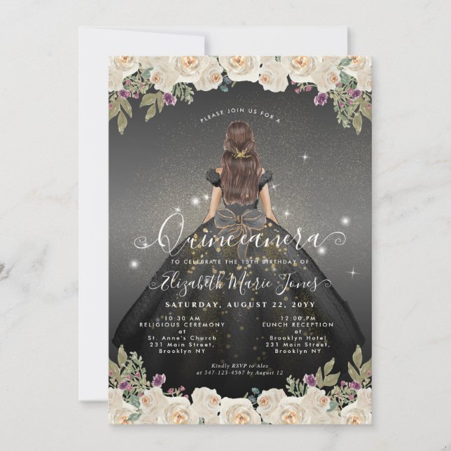 Invitation Glam or blanc noir floral Princesse Quinceanera (Devant)