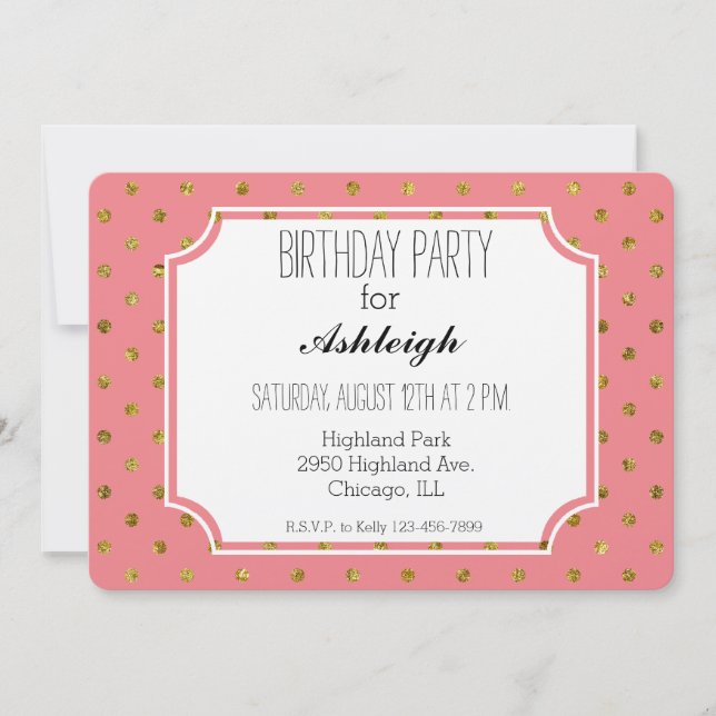 Invitation Glam or chic et anniversaire de Pois roses (Devant)