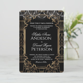 Invitation Glam Or Grand Gatsby Mariage Noir Art Déco 20s