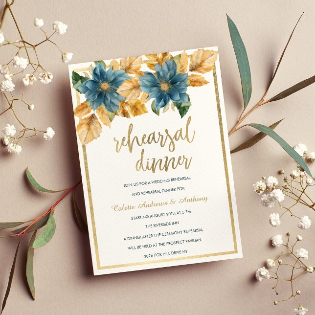 Invitation Glam or marine bleu vert floral Rehearsal Dîner (Glam gold navy blue green floral Rehearsal Dinner)