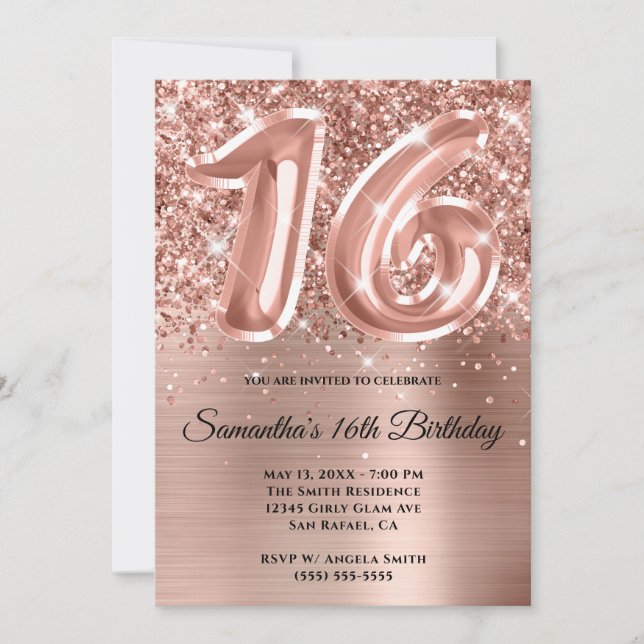 Invitation Glam or Rose de Glitterie Sparkly 16e anniversaire (Devant)