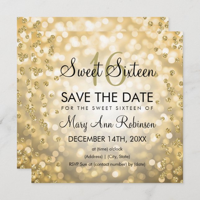 Invitation Glam Or Sweet 16 Seize feux de Parties scintillant (Devant / Derrière)