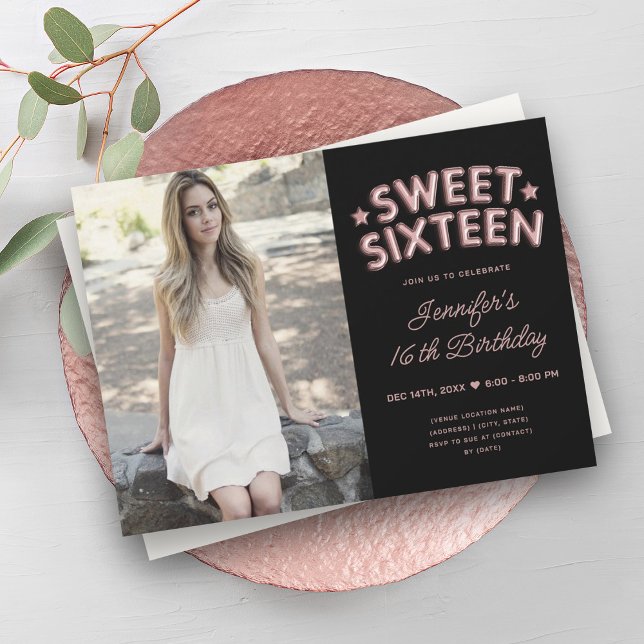 Invitation Glam Photo Rose Gold Black Balloons Sweet 16 (Glam Photo Rose Gold Black Balloons Sweet 16 Invitation)