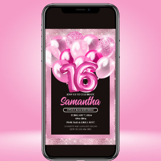 Invitation Glam Pink Balloons Sweet 16 Anniversaire Invitatio
