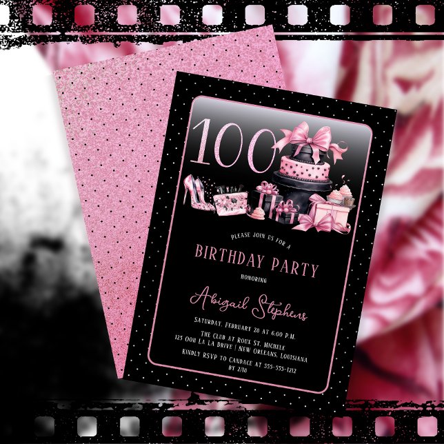 Invitation Glam Pink Black Fashion 100e fête d'anniversaire (Glam Pink and Black French Couture Fashion 100th Birthday Party Invitation)