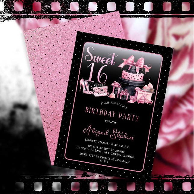Invitation Glam Pink Black Fashion Sweet 16 Anniversaire (Glam Pink and Black French Couture Fashion Sweet 16 Birthday Party Invitation)