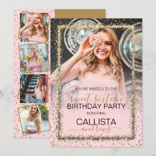 Invitation Glam Pink Gold Confetti Bordure Photo Sweet 16