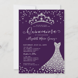 Invitation Glam Purple Diamond Sparkle Tiara Gown Quinceanera