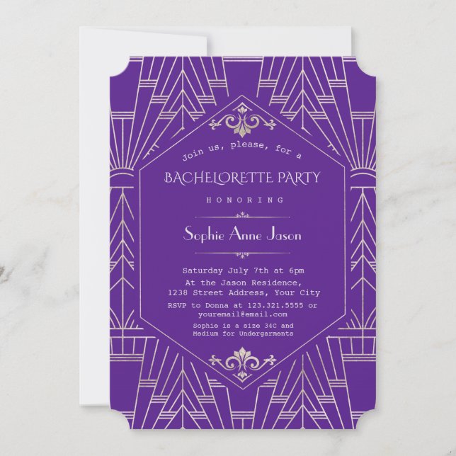 Invitation Glam Purple Silver Great Gatsby Bachelorette (Devant)