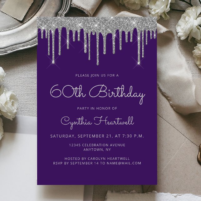 Invitation Glam Purple Silver Parties scintillant Drip 60e an (Créateur téléchargé)